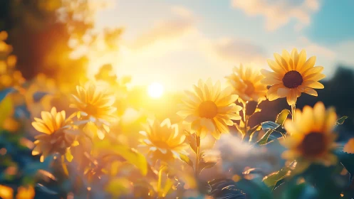 Golden sunflowers glow softly in a warm summer sunset field