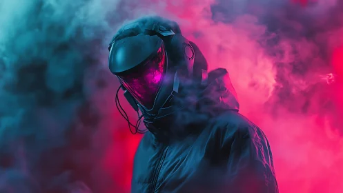 Neon fog drifter in mirrored helmet prowls vapor alleys.