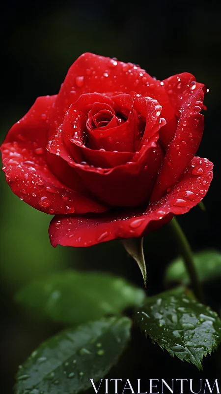Red Rose with Dewdrops Against Dark Background