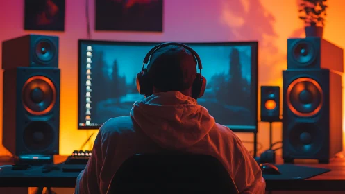 Neon soundscape gamer framed by glowing studio speakers.