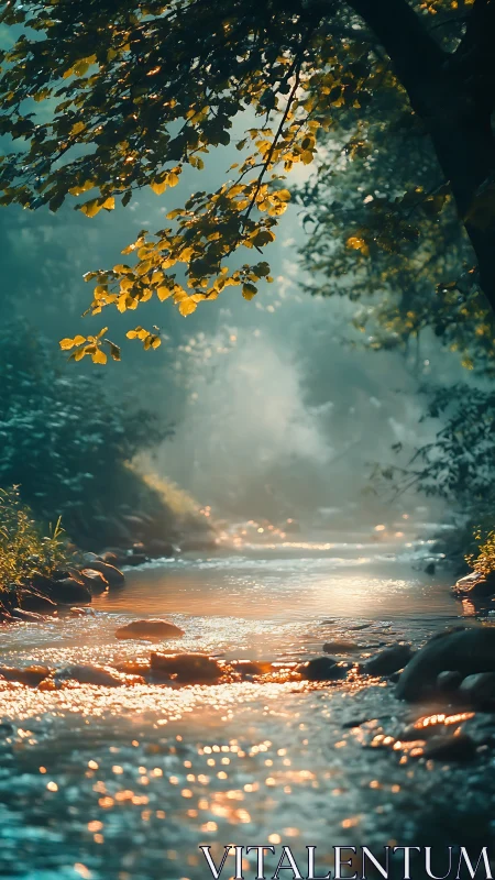 Golden forest creek glows in misty morning light.
