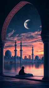 Moonlit mosque skyline viewed from arch at sunset.