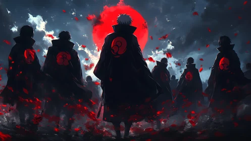 Cloaked silhouettes before blood-red eclipse, anime composition.