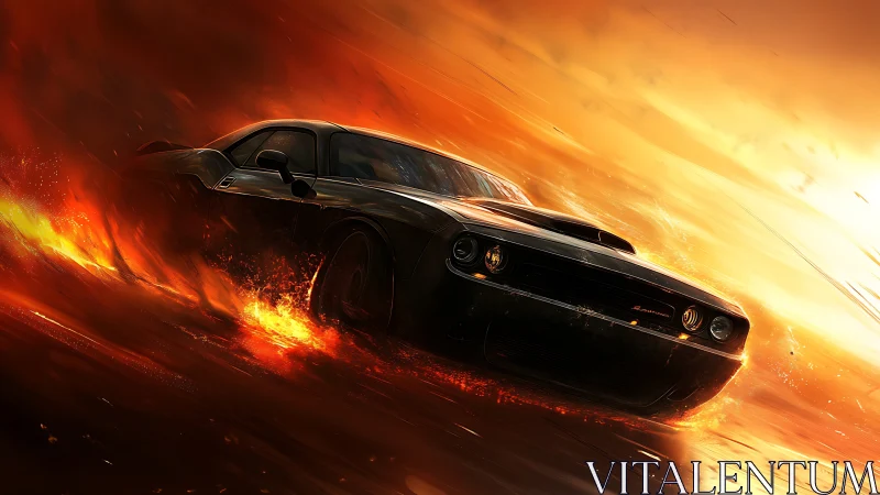 Muscle car erupting through molten sunset inferno streets.