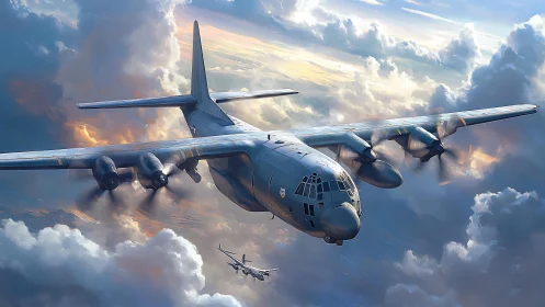 Tactical transport aircraft rendered in dynamic digital painting