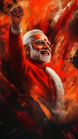 Dynamic digital portrait with raised fist and fiery brush strokes