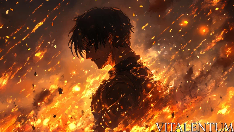 Silhouetted anime warrior emerges amid dynamic fiery debris