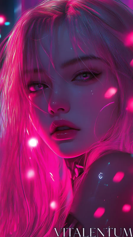 Female portrait under pink neon light with soft focus effect.