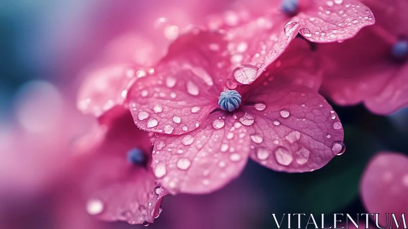 Macro water droplets on pink petals with surface tension and optical refraction