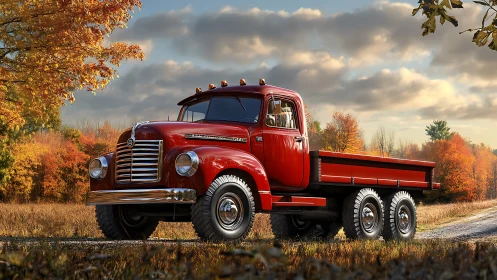 Vintage red dump truck glows against a golden autumn backdrop.