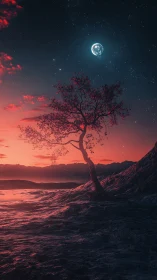 Lonely tree curves toward a glowing moon over crimson shore.