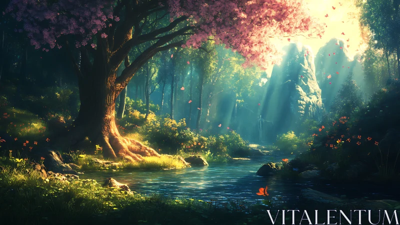 Sunlit cherry tree by a quiet forest stream of wonder.