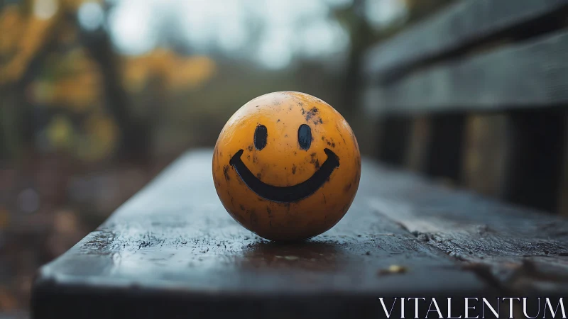 Weathered yellow smile ball on wet wooden park bench. Period.
