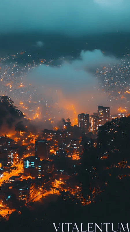 Neon-drenched hillside cityscape under low cyberpunk fog.