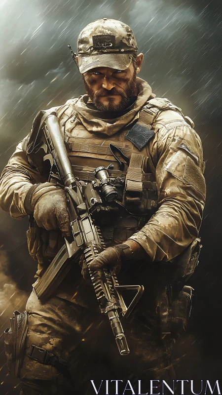 Battle-hardened soldier in stormlit tactical portrait.