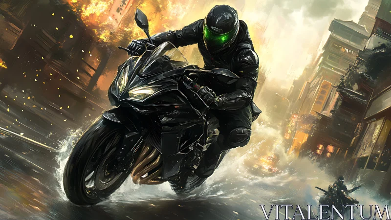 Futuristic street rider carving through neon storm chaos.