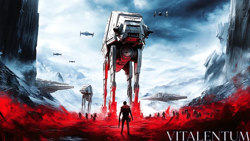 Colossal walkers stride boldly through a blazing red battlefield