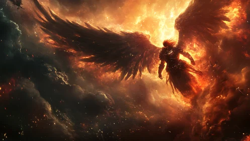 Fiery winged warrior descends through blazing storm clouds