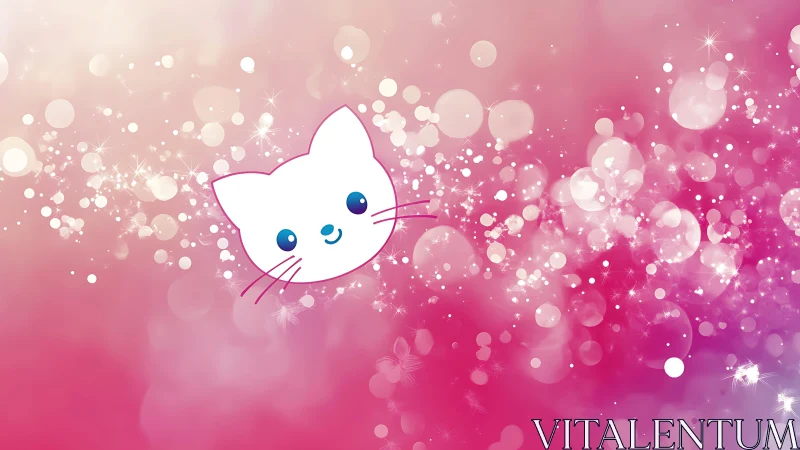 Cartoon cat icon on pink bokeh and sparkles background.