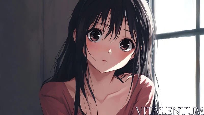 Soft daylight anime portrait of shy brunette girl by window