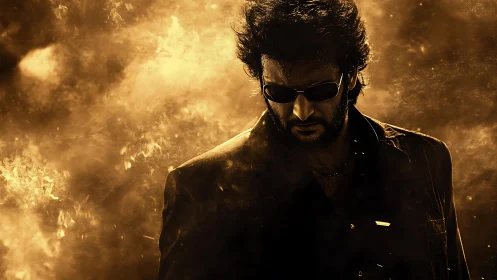 Moody sunglasses hero emerging through glowing smoke.