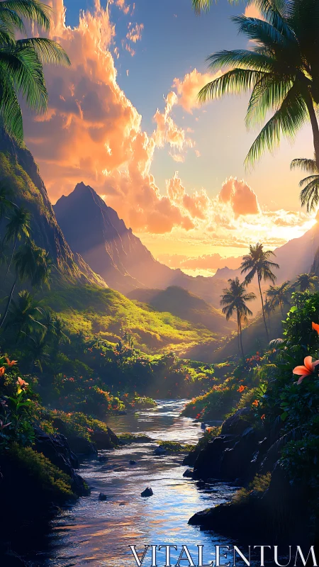 Tropical river valley at sunset with distant mountain ridge.