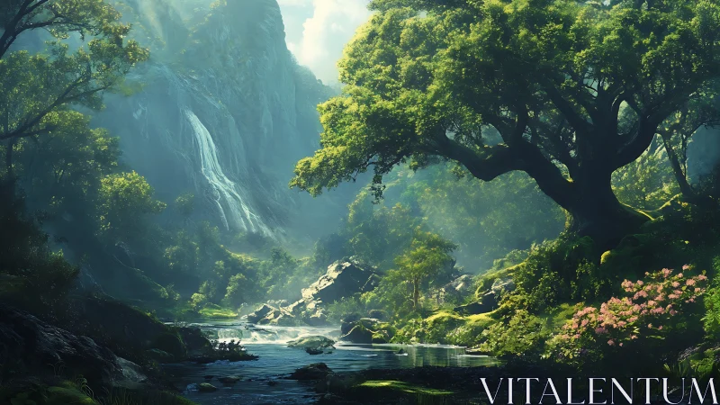 Enchanted Forest Canyon with Waterfall and Ancient Tree.
