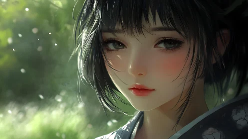 Anime portrait study with soft bokeh forest background lighting.