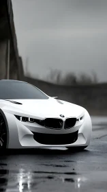 White sports coupe is parked on wet asphalt under overpass
