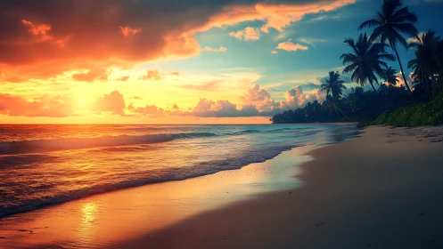 Sunset light paints tropical shoreline in vivid color.