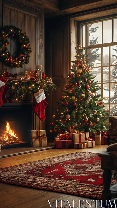 Cozy Christmas tree glows beside a crackling fireside hearth