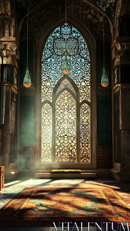 Sunlit mashrabiya window casts patterned light across prayer rug