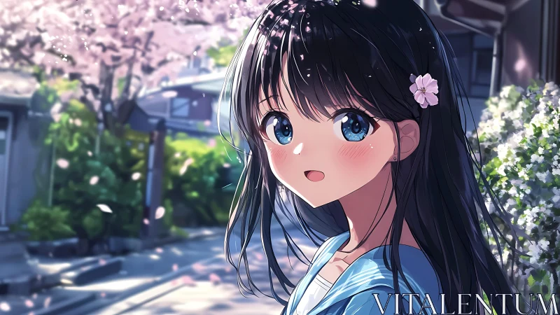 Springtime anime portrait under blooming cherry blossoms