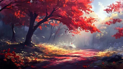 Crimson Cathedral: Where Autumn Blazes Through Enchanted Mist