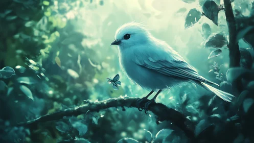 White Songbird on Branch in Magical Forest, Digital Art Style.