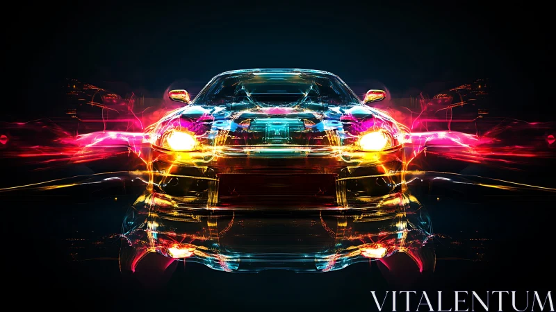 Neon street racer exploding through liquid light trails.