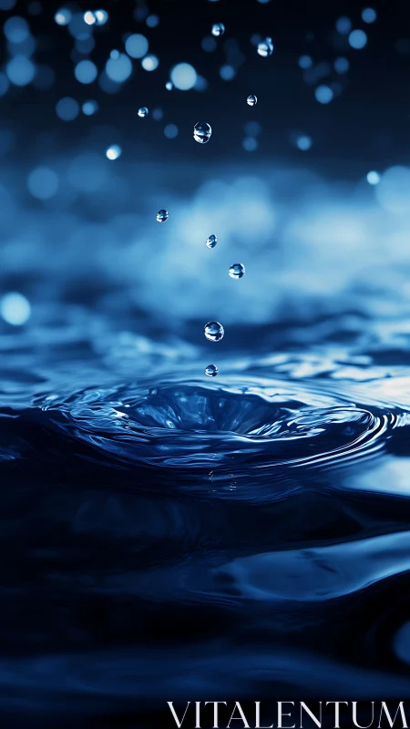 Macro water droplet splash over deep blue rippled surface.
