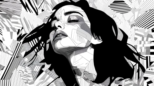 Abstract monochrome portrait with dynamic geometric shards.
