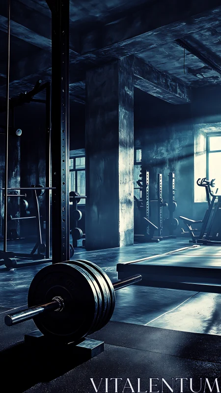 Barbell in moody industrial gym with cinematic backlight.