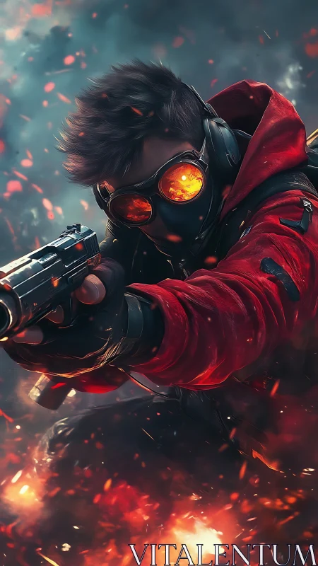 Tactical shooter with burning goggles in high-contrast bokeh embers