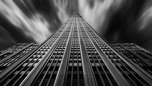 Soaring city skyscraper reaching calmly into moving clouds.