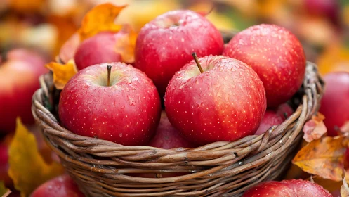 Red apples fill wicker basket under soft autumn daylight