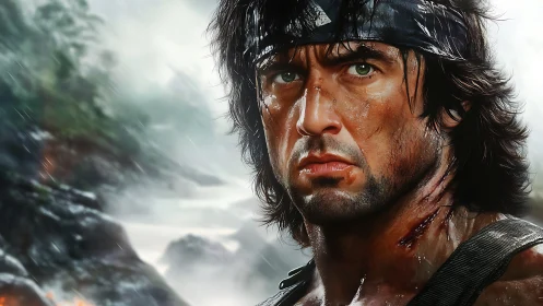 Battle-scarred warrior glares ahead in a stormy jungle