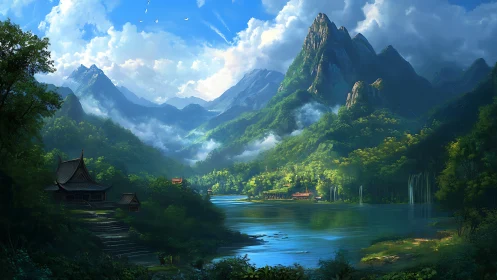 Mountain valley temple overlooks tranquil river under clouds