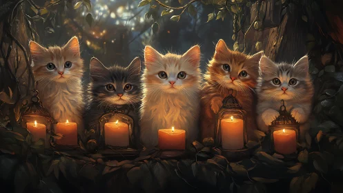 Five Cats with Candles in Forest Setting