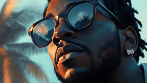 Sunlit swagger under palm shadows and mirrored sunset shades.