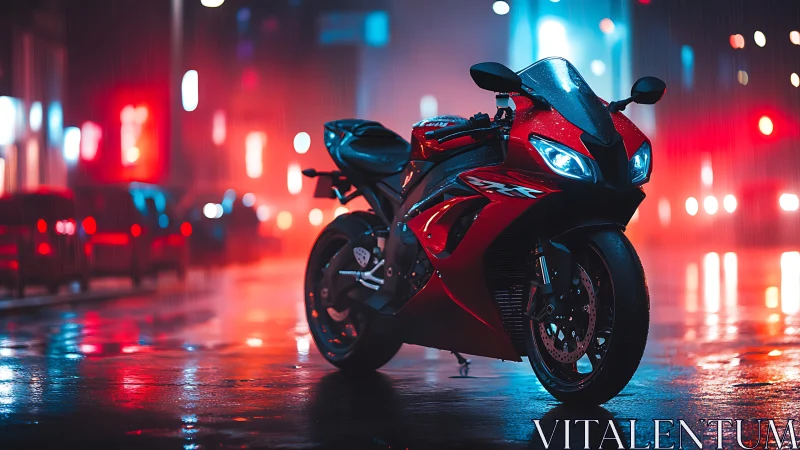 Neon city rain lets a red sport motorcycle quietly steal focus