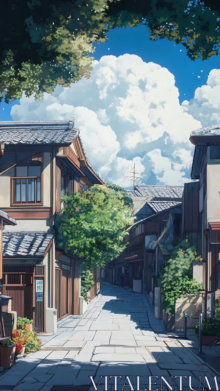 Sunlit anime alley in quiet traditional Japanese town.