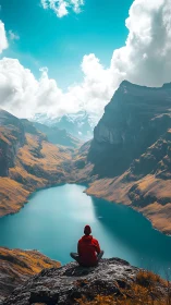 Solitary observer over glacial lake in high-altitude basin.