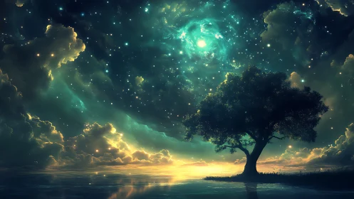 Celestial shoreline beneath swirling emerald nebula sky.